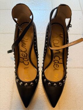 Sam Edelman Black Pointed-Toe Ankle-Strap Heels with Silver Studs